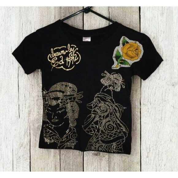 Ed Hardy Girls Tee Sz 4-5 Rhinestones Studs Geisha Rose Tiger RARE Y2K Retro NWT - Picture 1 of 6